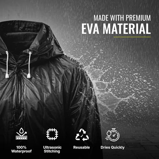 Reusable Raincoat with Hood (Black) Elasticated Full Sleeves Outdoor Waterproof Raincoat for Men & Women