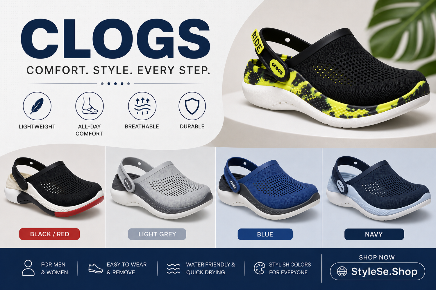 Comfortable clogs collection in stylish colors, designed for lightweight support and all-day wear.