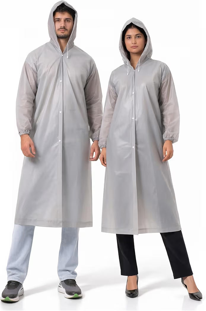 Reusable Raincoat with Hood (Grey) Elasticated Full Sleeves Outdoor Waterproof Raincoat for Men & Women