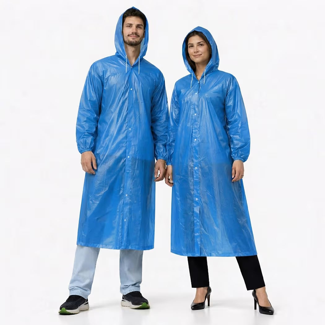 Reusable Raincoat with Hood (Blue) Elasticated Full Sleeves Outdoor Waterproof Raincoat for Men & Women