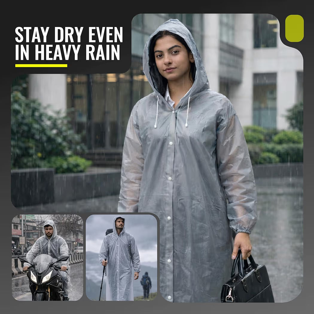 Reusable Raincoat with Hood (Grey) Elasticated Full Sleeves Outdoor Waterproof Raincoat for Men & Women