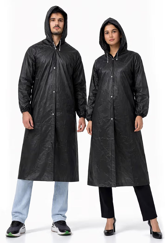 Reusable Raincoat with Hood (Black) Elasticated Full Sleeves Outdoor Waterproof Raincoat for Men & Women