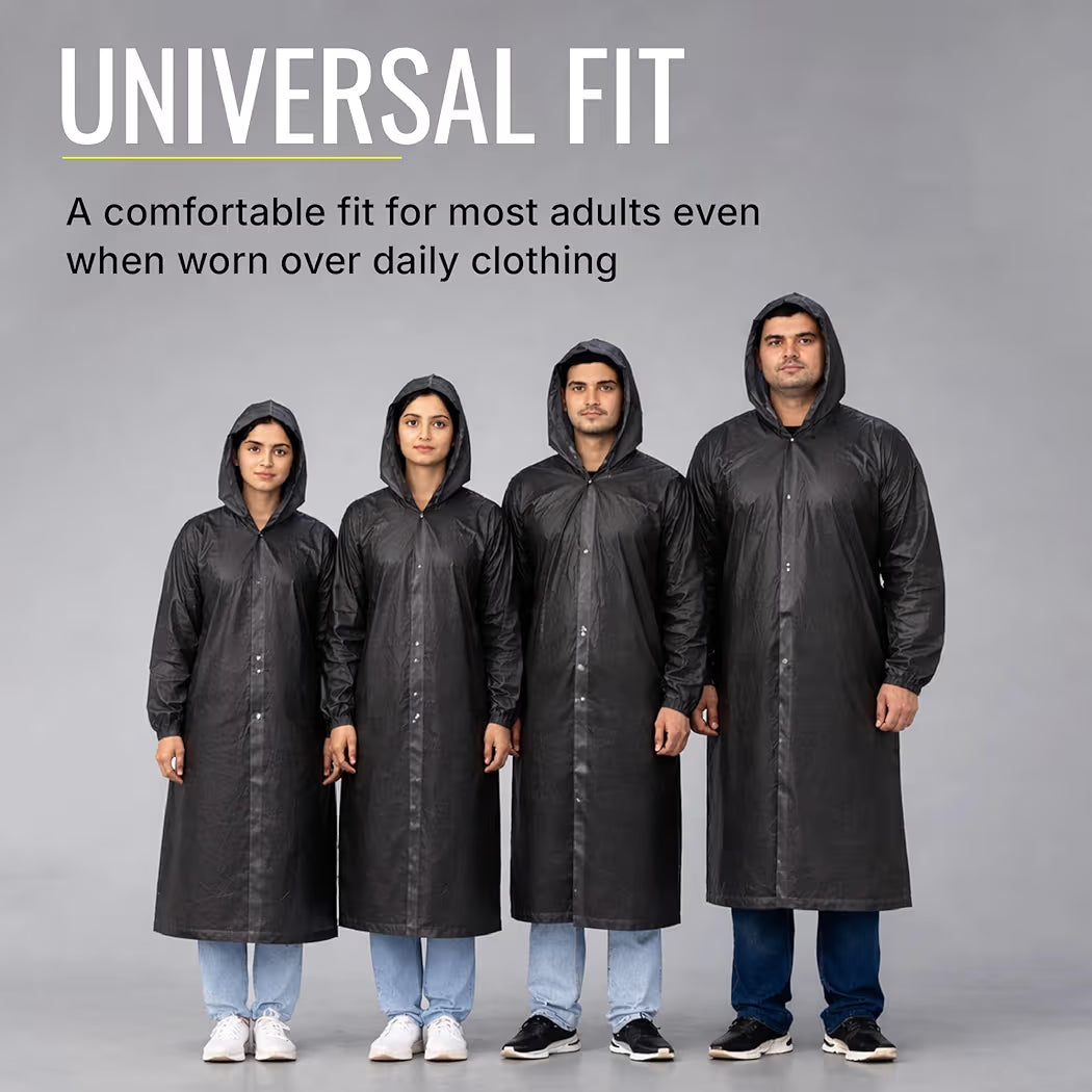 Reusable Raincoat with Hood (Black) Elasticated Full Sleeves Outdoor Waterproof Raincoat for Men & Women