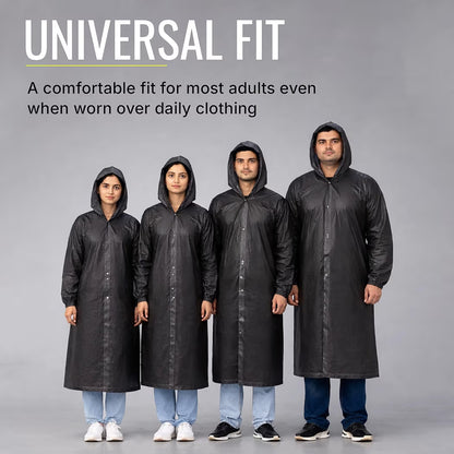 Reusable Raincoat with Hood (Black) Elasticated Full Sleeves Outdoor Waterproof Raincoat for Men & Women