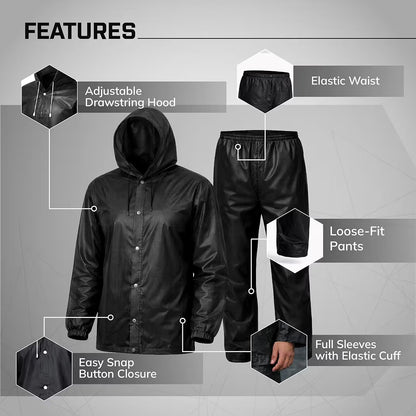 Rainsuit Jacket & Pant | Black | Waterproof Raincoat for Men & Women | Lightweight, Reusable Rain Wear for Bike & Outdoor Use