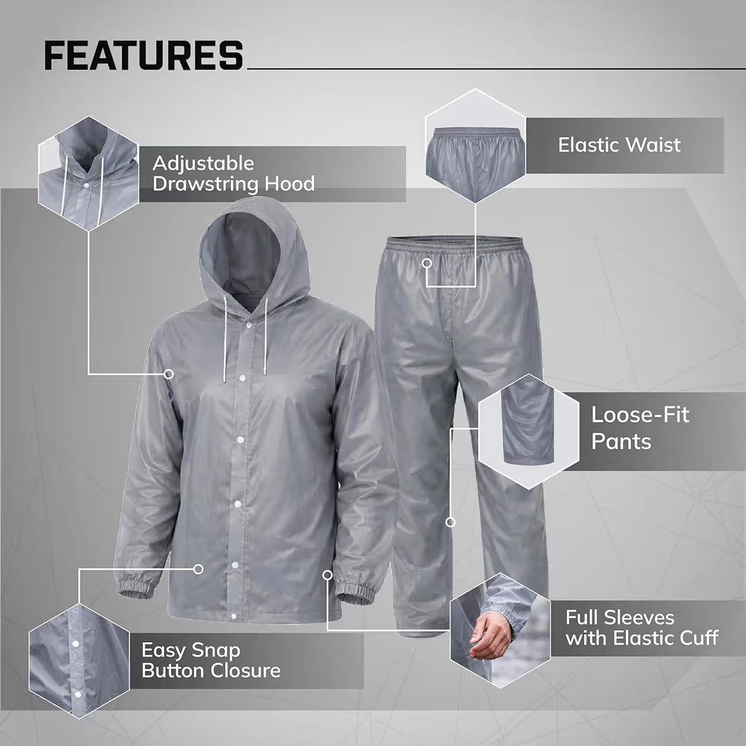 Rainsuit Jacket & Pant | Grey | Waterproof Raincoat for Men & Women | Lightweight, Reusable Rain Wear for Bike & Outdoor Use