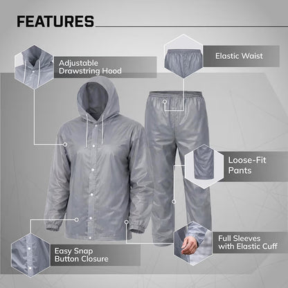 Rainsuit Jacket & Pant | Grey | Waterproof Raincoat for Men & Women | Lightweight, Reusable Rain Wear for Bike & Outdoor Use