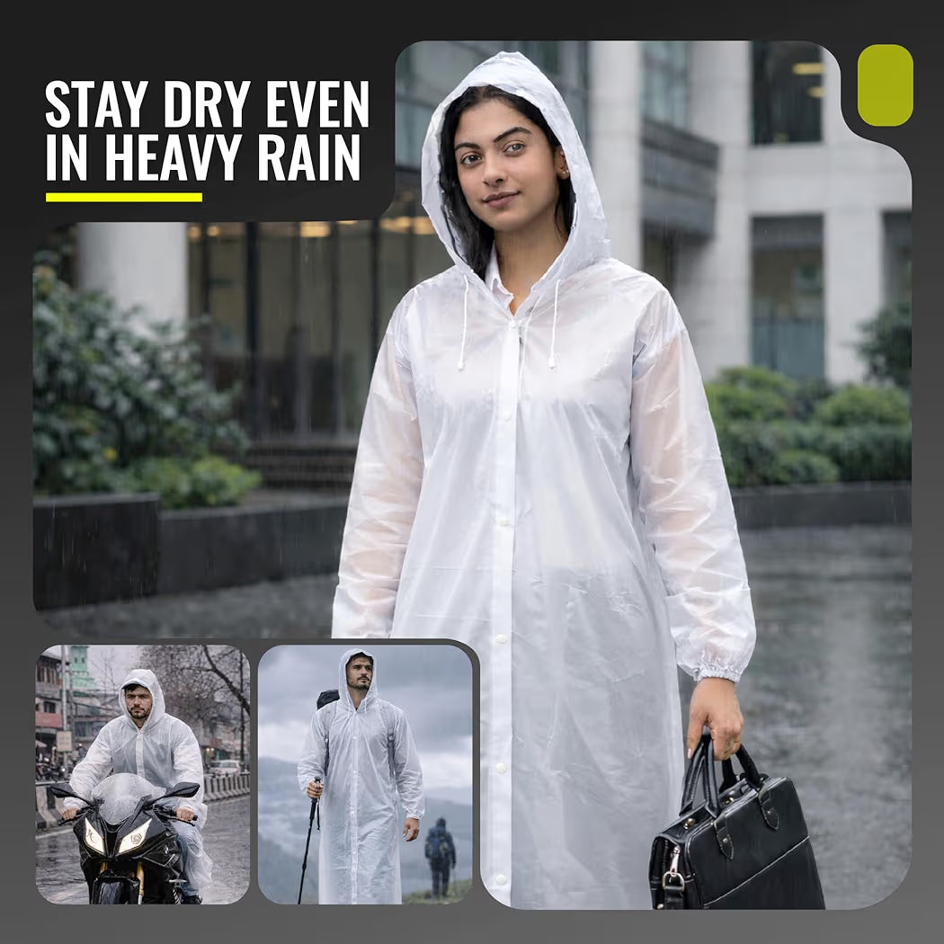 Reusable Raincoat with Hood (Transparent) Elasticated Full Sleeves Outdoor Waterproof Raincoat for Men & Women