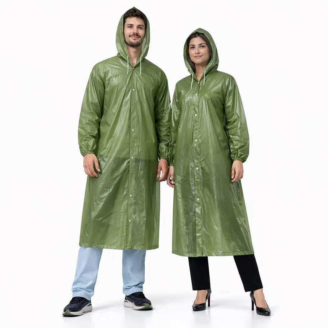 Reusable Raincoat with Hood (Green) Elasticated Full Sleeves Outdoor Waterproof Raincoat for Men & Women