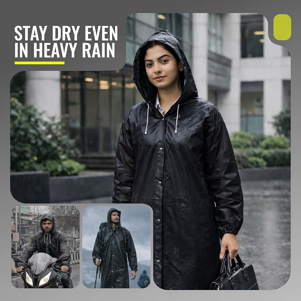Reusable Raincoat with Hood (Black) Elasticated Full Sleeves Outdoor Waterproof Raincoat for Men & Women