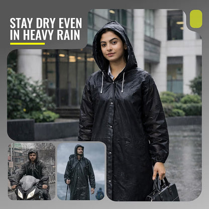 Reusable Raincoat with Hood (Black) Elasticated Full Sleeves Outdoor Waterproof Raincoat for Men & Women