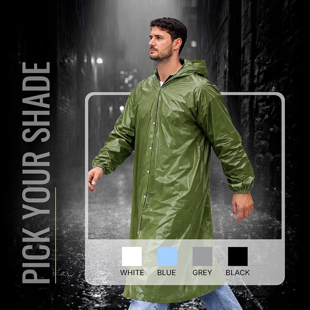 Reusable Raincoat with Hood (Green) Elasticated Full Sleeves Outdoor Waterproof Raincoat for Men & Women