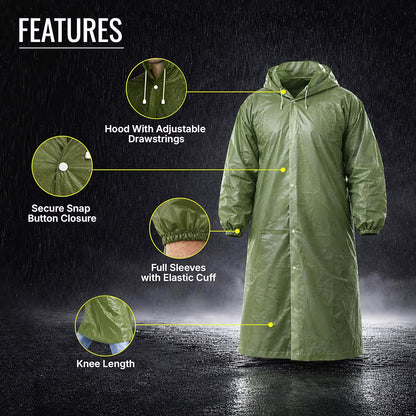 Reusable Raincoat with Hood (Green) Elasticated Full Sleeves Outdoor Waterproof Raincoat for Men & Women