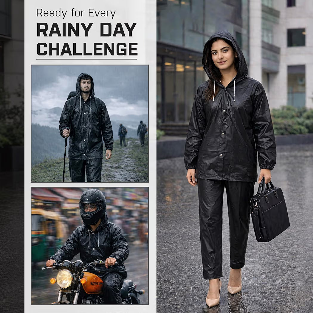 Rainsuit Jacket & Pant | Black | Waterproof Raincoat for Men & Women | Lightweight, Reusable Rain Wear for Bike & Outdoor Use