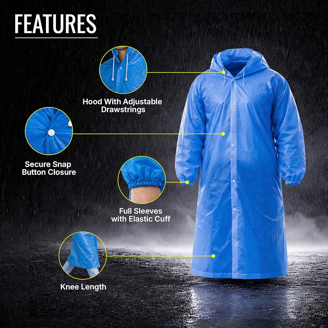 Reusable Raincoat with Hood (Blue) Elasticated Full Sleeves Outdoor Waterproof Raincoat for Men & Women