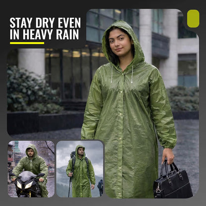 Reusable Raincoat with Hood (Green) Elasticated Full Sleeves Outdoor Waterproof Raincoat for Men & Women