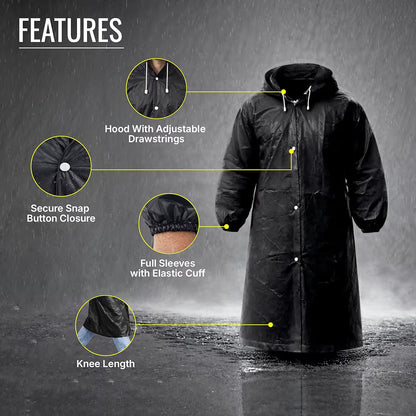 Reusable Raincoat with Hood (Black) Elasticated Full Sleeves Outdoor Waterproof Raincoat for Men & Women