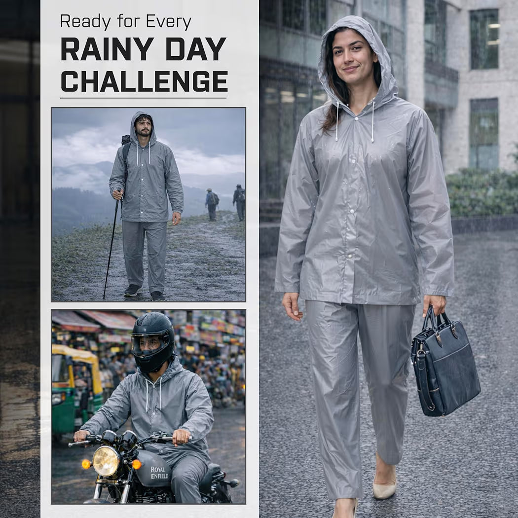 Rainsuit Jacket & Pant | Grey | Waterproof Raincoat for Men & Women | Lightweight, Reusable Rain Wear for Bike & Outdoor Use