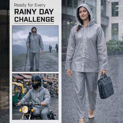Rainsuit Jacket & Pant | Grey | Waterproof Raincoat for Men & Women | Lightweight, Reusable Rain Wear for Bike & Outdoor Use