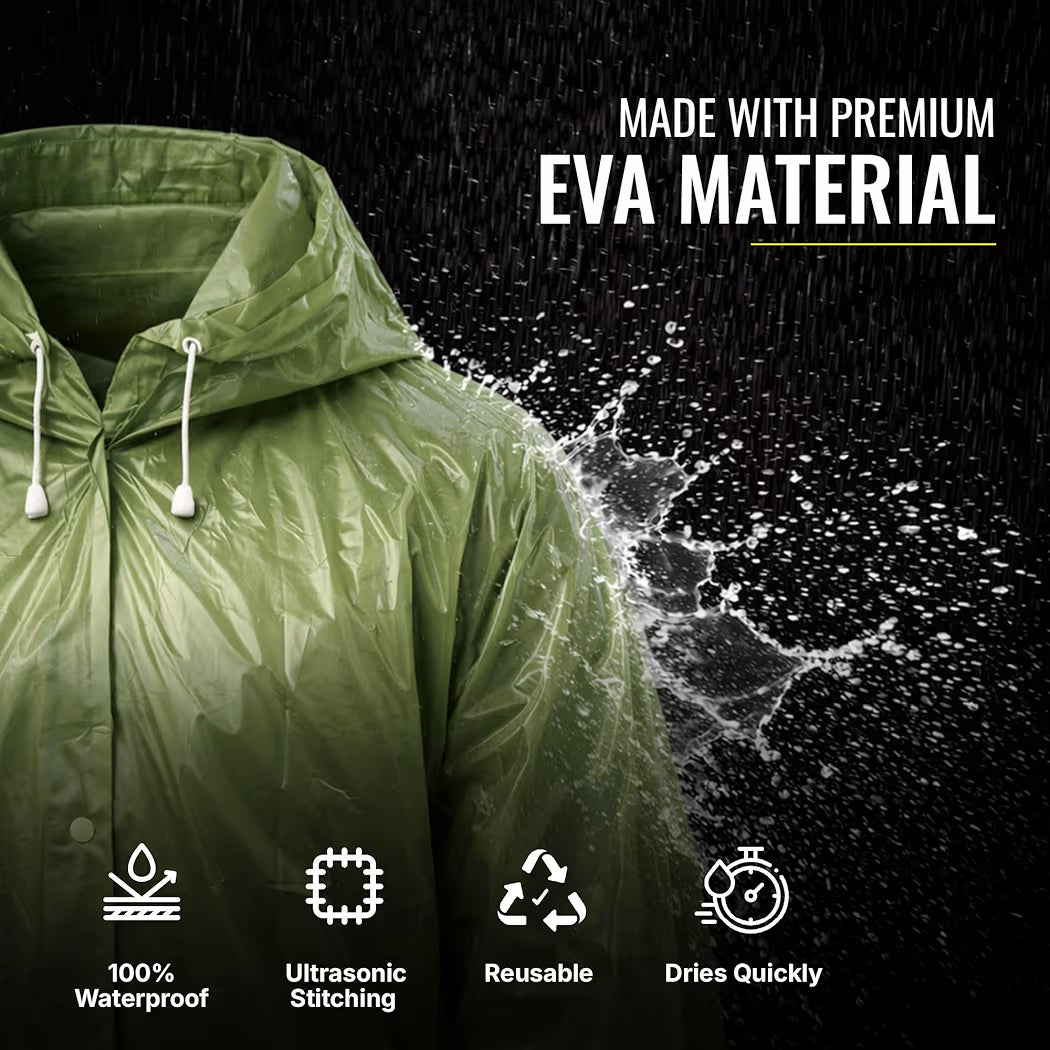 Reusable Raincoat with Hood (Green) Elasticated Full Sleeves Outdoor Waterproof Raincoat for Men & Women