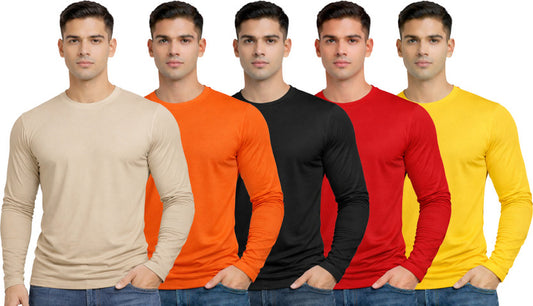 Pack of 5 Men's Solid Round Neck Polyester Full Sleeve T-Shirts – Set 3