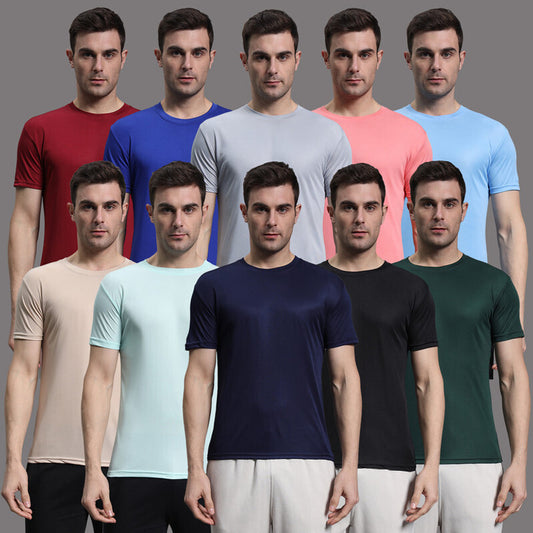 Pack of 10 Men's Solid Round Neck Polyester T-Shirts – Multicolor