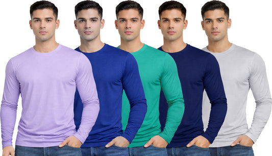 Pack of 5 Men's Solid Round Neck Polyester Full Sleeve T-Shirts – Set 2