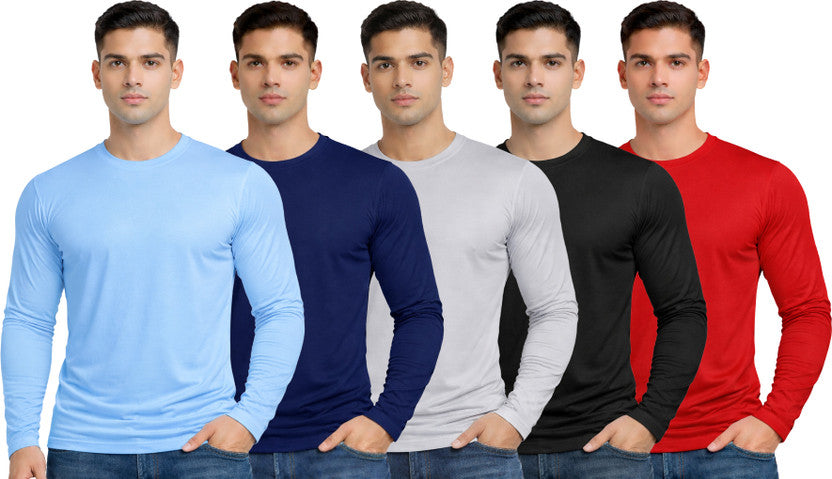 Pack of 5 Men's Solid Round Neck Polyester Full Sleeve T-Shirts – Set 1
