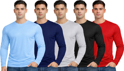 Pack of 5 Men's Solid Round Neck Polyester Full Sleeve T-Shirts – Set 1