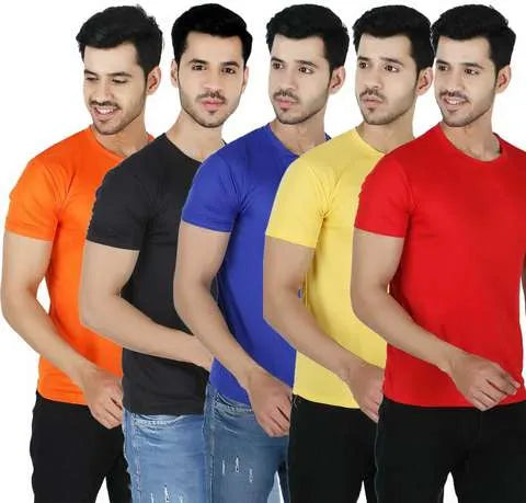 Pack of 5 Men's Solid Round Neck Polyester T-Shirts – Multicolor